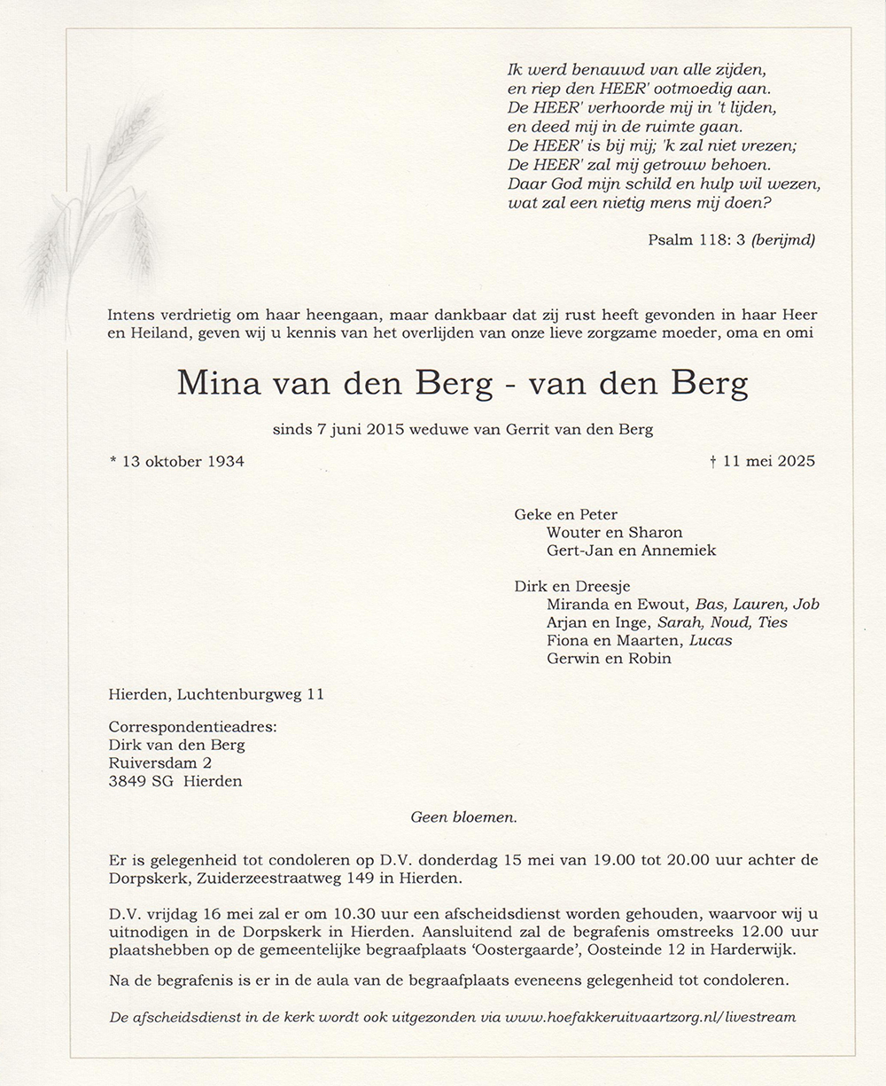 Overlijdensadvertentie Mina van den Berg - van den Berg