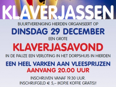 De Buurtvereniging Hierden organiseert 29 december 2015 een klaverjasavond