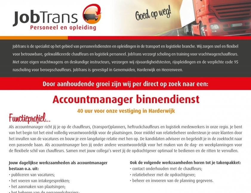 JobTrans Harderwijk: Vacature accountmanager binnendienst