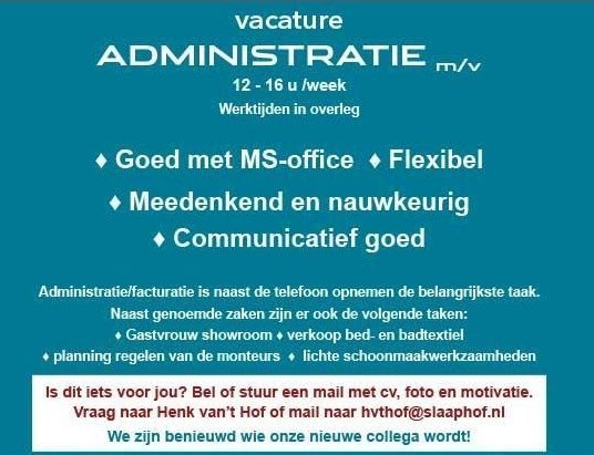 Vacature administratie 12-16 uur per week (m/v)