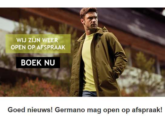 Goed nieuws! Germano Menswear Harderwijk mag open op afspraak!