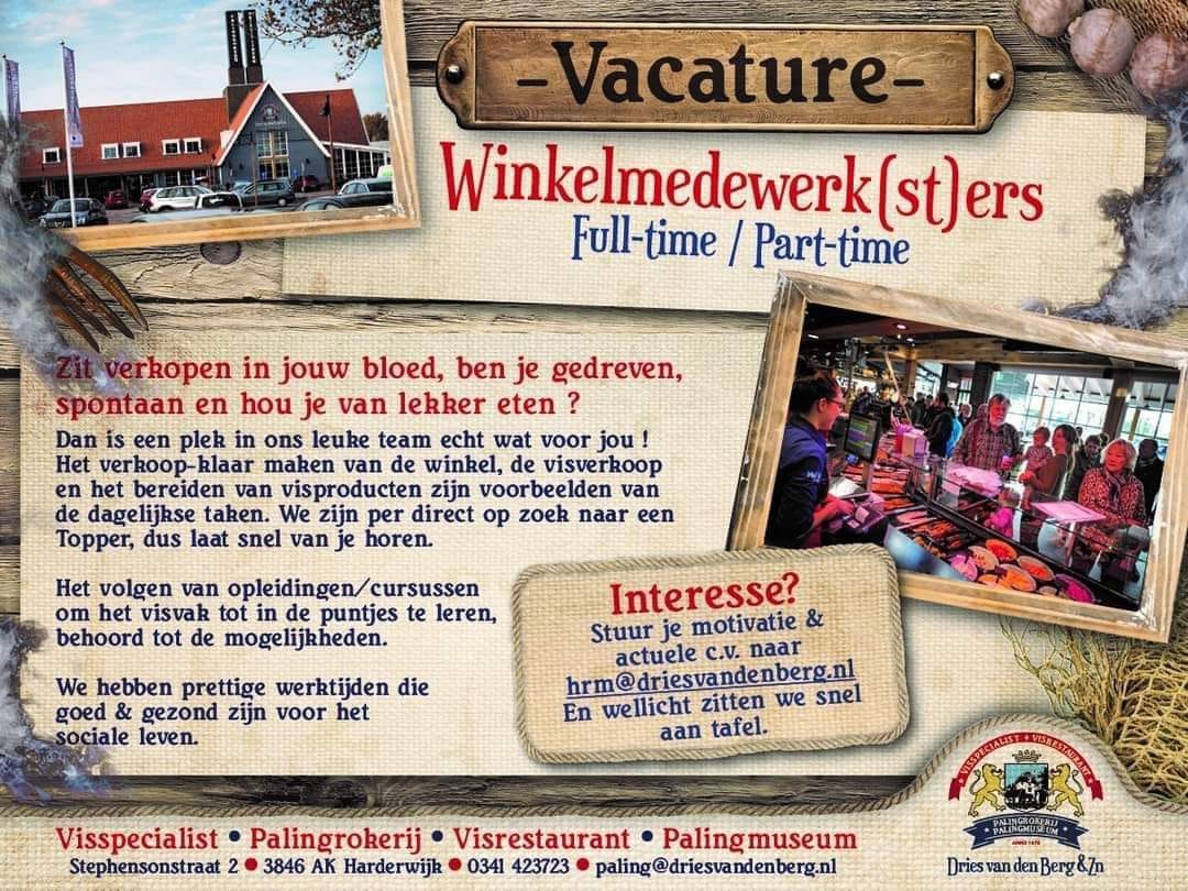 Palingrokerij en Vishandel Dries van den Berg is op zoek naar winkelmedewerkers (full-time)