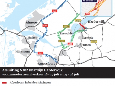 Weekendafsluitingen N302 aansluiting Knardijk (Flevoland) en A28 aansluiting (13) Harderwijk | 16-19 juli en 23-26 juli