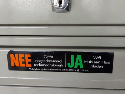 Gemeente Harderwijk voert per 1 maart Ja-sticker in voor ongeadresseerd reclamedrukwerk