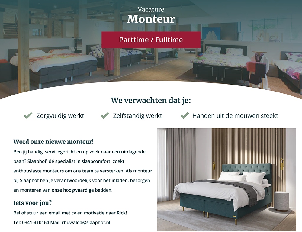 Hey bezorger & Monteur! Slaaphof in Harderwijk zoekt een extra collega!