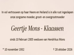 Familieberichten: Geertje Mons - Klaassen overleden